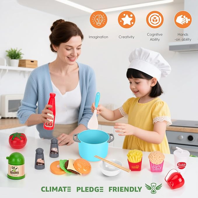 130Pcs Kitchen Playset, Toddler Pretend Cooking Play Pots, Pans, Utensils Cookware, Daily Food Fruit Veges, Shopping Storage Basket, Dessert, Prop Money, Learning Gift for Child (Turquoise) - Image 8