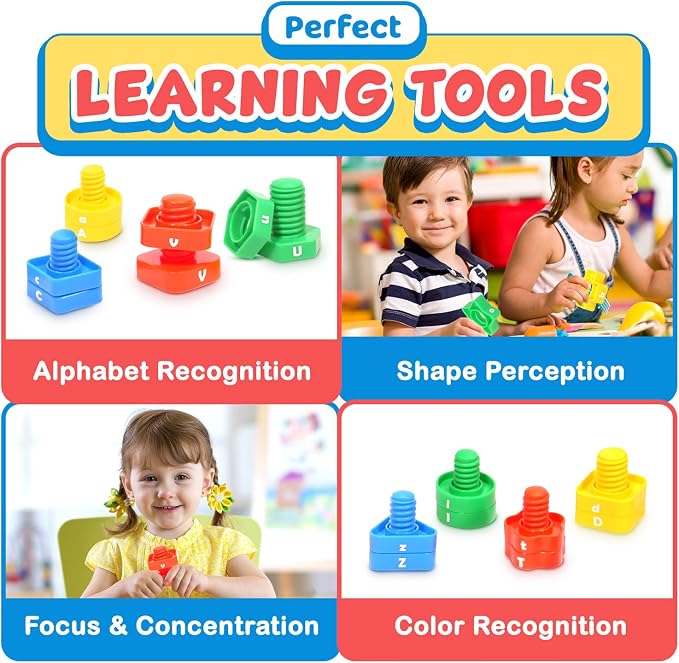 Letters Learning Matching Game | Preschool Toys Set for Toddlers | 26 Alphabet Learning Toys with 52 pcs Nuts and Bolts Sorting & Stacking Toys, ABC learning Educational Montessori Toy for Kids - Image 3