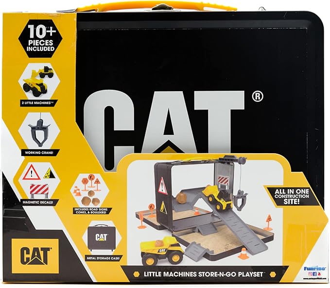 CAT Construction Toys, Store N Go Playset - Tin Travel Case Transforms into Multi-Level Worksite, Includes 2 Little Machines Vehicles & 10 + Accessories, Portable STEM Toy for Kids Ages 3 + - Image 3