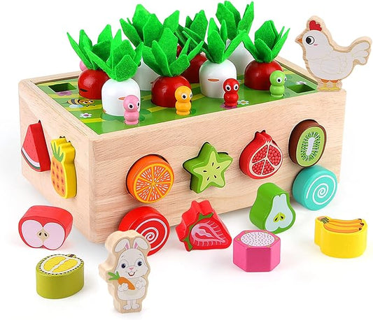 SKYFIELD Montessori Wooden Garden Toy for Baby Boys Girls 1 2 3 Years Old, Fine Motor Skills Developmental Gift Toy Color Shape Fruit Sorting Orchard Cart Farm Game for Toddler 1-3