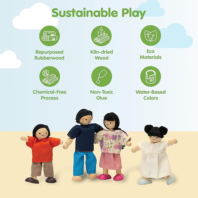 PlanToys® Wooden Dollhouse Family Set – Fair Skin Tone | 4 Poseable 1:12 Scale Doll House People | Montessori Pretend Play Figurines | Eco-Friendly Sustainable Wooden Toy for Kids