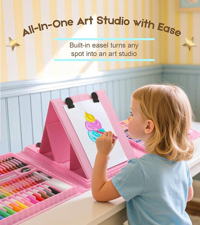237-Piece Kids Art Set with Double-Sided Easel, Painting Kits for Kids Ages 4-8, Non-Toxic Art Supplies for Girls & Boys, Drawing Set with Watercolor, Oil Pastels, resent for Young Artists-Pink