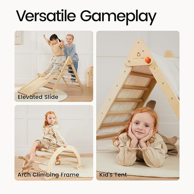 Tiny Land Pikler Triangle Set, 7-in-1 Foldable Pikler Triangle Climbing Toys Set for Kids,Baby Indoor Playground Jungle Gym, Wooden Montessori Climbing Set for Toddler (Natural)