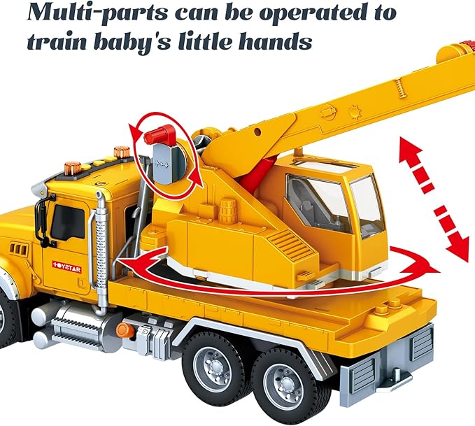 15 Inch Friction Powered Crane Truck Toy with Lights, Sounds & Movable Arms - Construction Vehicle Gift for Kids Boys Girls Ages 3-7