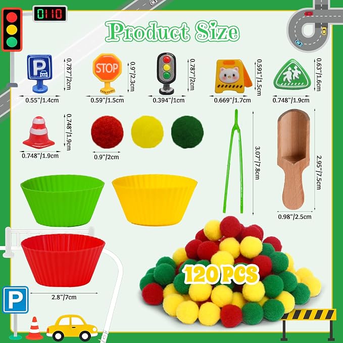 169pcs Traffic Signs Sensory Bin Filler Fine Motor Toys Traffic-themed Sensory Bin Items Traffic Light Stop Sign Traffic Cones Parking Sign Crosswalk Pom Poms for Preschool Color Counting Sorting - Image 2
