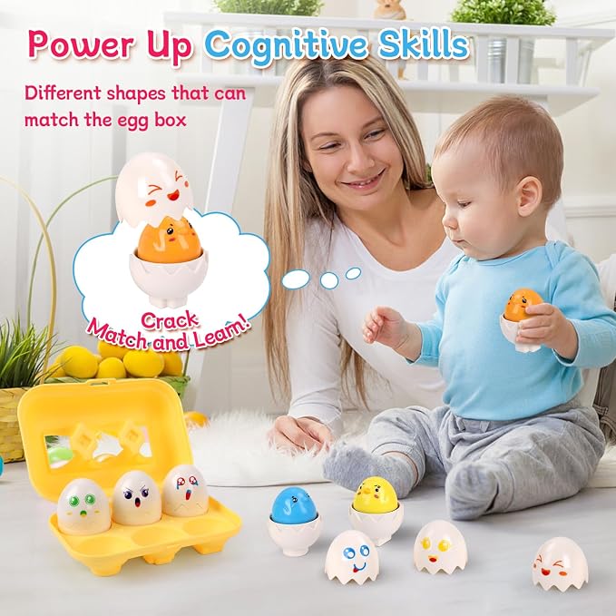 USATDD Easter Egg Toys Hide & Squeak Matching Eggs for Toddlers, Color Recognition Sensory Learning Toys, Fine Motor Skills Montessori Geometric Eggs Gifts for Kids Easter Basket Stuffers - Image 6