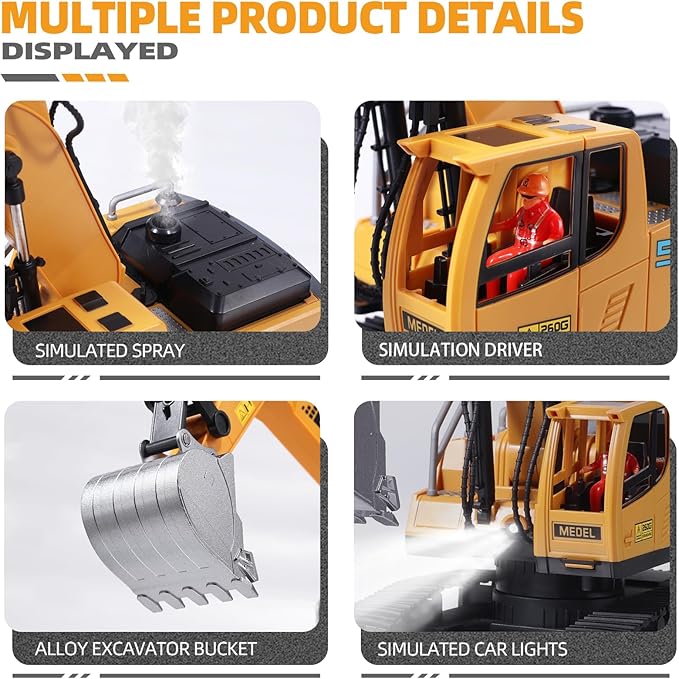Remote Control Excavator Toys for Boys,16 Channel RC Excavator Construction Toys with Metal Shovel & Light,Simulated Smoke,Christmas Birthday Gift Toy for Boys 3-5 4-7 8-12 Year Old Kids