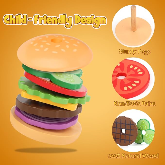 Aizweb Montessori Toys for 3 Year Old - Wooden Burger Stacking Toys for Toddlers and Kids Preschool, Educational Toys, Fine Motor Skill Toy, Blocks for Toddlers, Learning Toys - Image 4