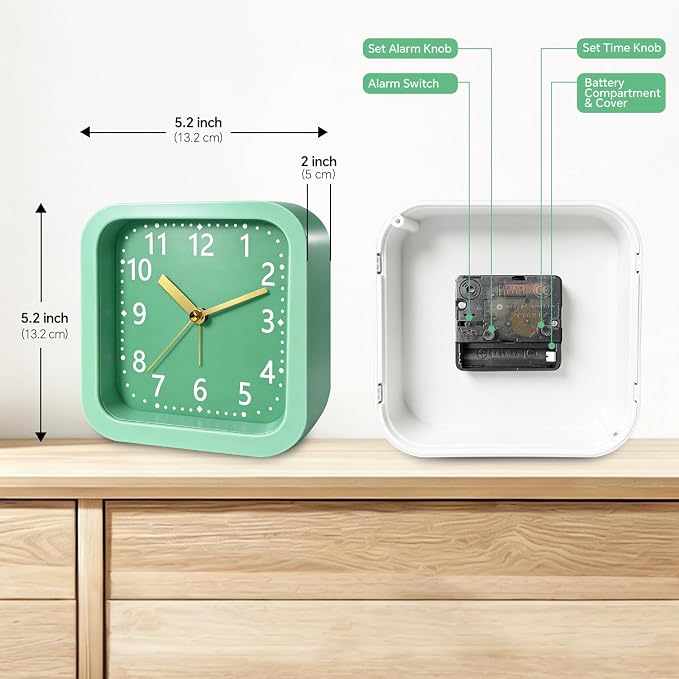 Simple Analog Loud Alarm Clock for Heavy Sleepers, 4.5" Square Plastic Silent Battery Operated Alarm Clocks with Easy Read Dial, Desk Clock for Bedroom Adults Seniors College Students, Green - Image 3