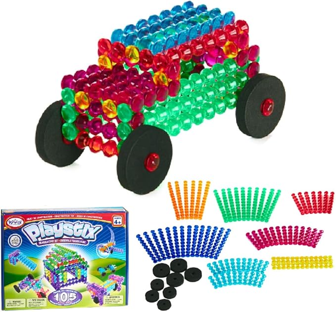POPULAR PLAYTHINGS Playstix Translucent Set, 105 Piece, Building Sticks Kit by PopularPlaythings