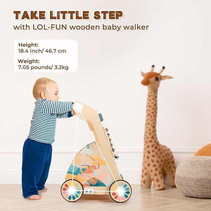 LOL-FUN Wooden Baby Walker with Detachable Busy Board, Push Walker for Baby with Adjustable Speed Wheels, Activity Learning Walker for Boys Girls 6-12 Months