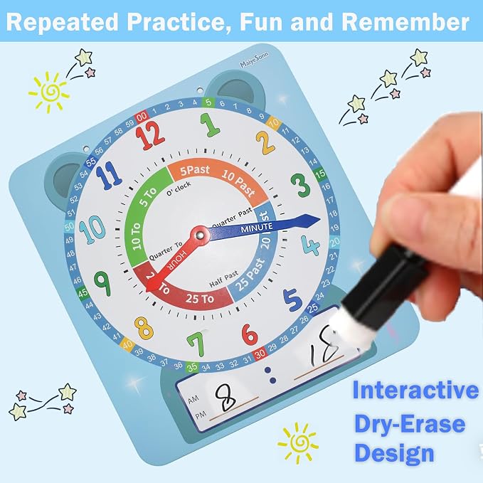 Teaching Clocks for Kids, Large Magnetic Writable Dry Erase Learning Clock with Pen,12" Teaching Demonstration Clock Learning Time to Tell Time for Kids Home School Classroom Supplies-Blue - Image 6