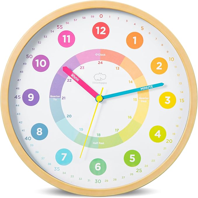 LittleHippo Learning Wall Clock for Kids for Classroom, Bedrooms, Nursery, Playroom - Kid's Analog, Silent, Non-Ticking Clock for Teaching to Tell Time, Study to Learn to Tell Time by LittleHippo