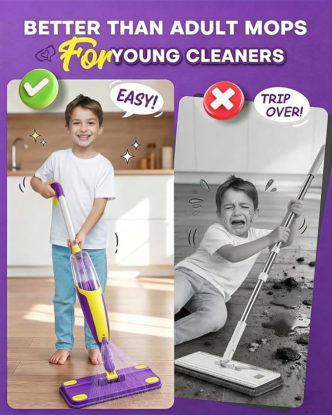 Kids Spray Mop, Fun & Functional Toddler Mop Cleaning Set,Real Working Mini Mop, Pretend Play Toy –Includes Spray Bottle,Washable Microfiber Pads, Montessori Kids Cleaning Toy Set - Image 4