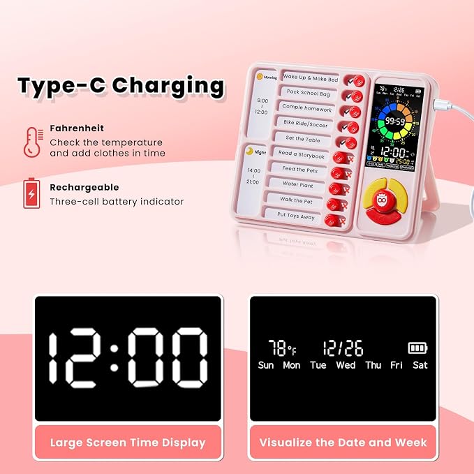 ADHD Tool for Kids, 5-in-1 Visual Timer with Chore Chart Board, Visual Schedule for Kids, 12/24 Task Timer with 99'59'' Countdown/Countup, 5 Alarms, Silent Operation Visual Schedule for Autism - Pink - Image 3