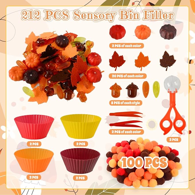 212Pcs Fall Sensory Bin Filler Fine Motor Toys Thanksgiving Sensory Bin Items Counting Sorting Toy 100 Pompoms 60 Felt Leaves 16 Acorns 16 Corns 6 Foam Pumkins for Preschool Education Activities - Image 3