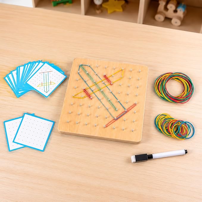 predolo 1 Piece Sensory Toys Geometric Shapes Wooden Math Development Early Learning Manipulatives Pattern Making Suitable for Preschool Classroom 18x18x3.5cm, Large Geoboard (64 pegs) - Image 2