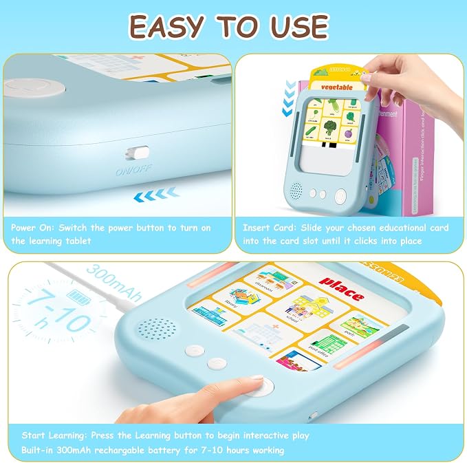 Interactive Educational Learning Tablet Toy for Kids,Screen-Free Phonics Learning Toy with 30 Flash Cards for Alphabets, Numbers, Words, Animals, Learn to Read for Boys Girls 3-5 Years Old, Blue - Image 4