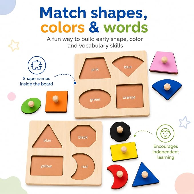 Wooden Shape Color Sorting Puzzle Toys for Toddlers, 4 Pack Montessori Peg Puzzles for Ages 2-4, Preschool Learning Toys for Shape Recognition, Fine Motor Skills, Gifts for Kids Boys Girls 1 2 3 4 - Image 7
