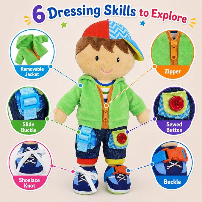 June Garden 15.5" Dressy Friends Terry - Educational Stuffed Plush Doll for Kids and Toddlers 2 Years and Up - Montessori Buckle Soft Toy - Image 2