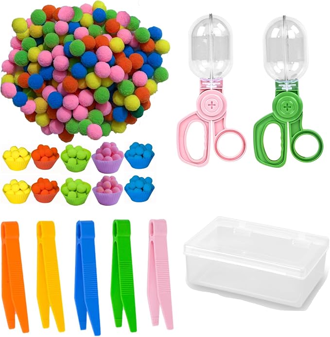 218Pcs Montessori Fine Motor Toys for Toddlers, Pom Poms Sorting Set with Tweezers, Clips, Cups & Storage Box, Sensory Bin for Preschool Learning, Counting, Color Matching by Unknown