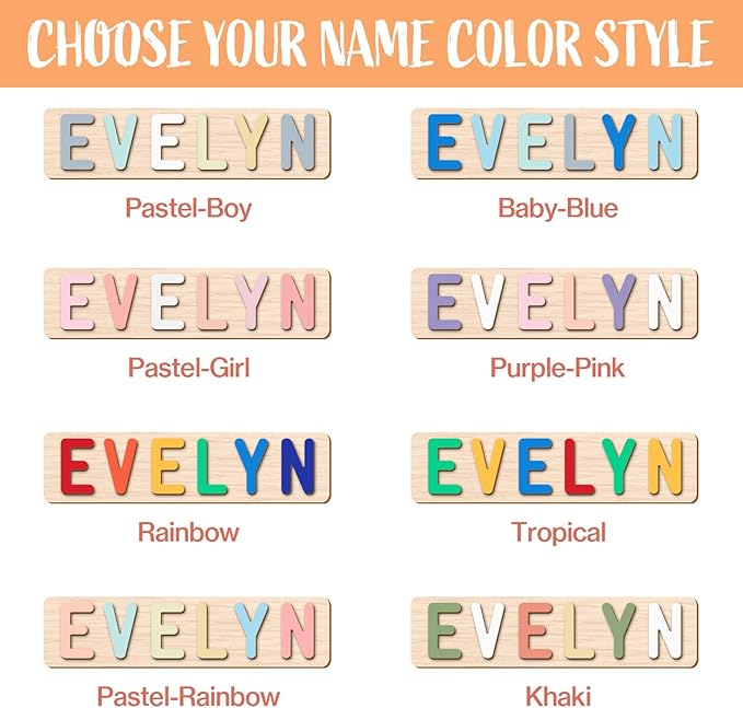 Personalized Name Puzzle for Kids, Custom Wooden Puzzle Engraved Text On Back with Pegs, Personalized Baby 1st Birthday Gifts for Girl & Boy, Toddlers Toys (Animal Name Puzzle)