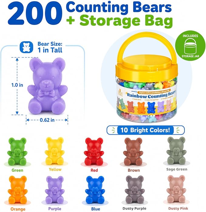 XINHUIDALSQ Rainbow Counting Bears Set of 200, 10 Colors Sorting Teddy Plastic Bears Math Manipulatives for Toddlers, 1 Inch Bear Conters Ages 3+ Kids - Image 3