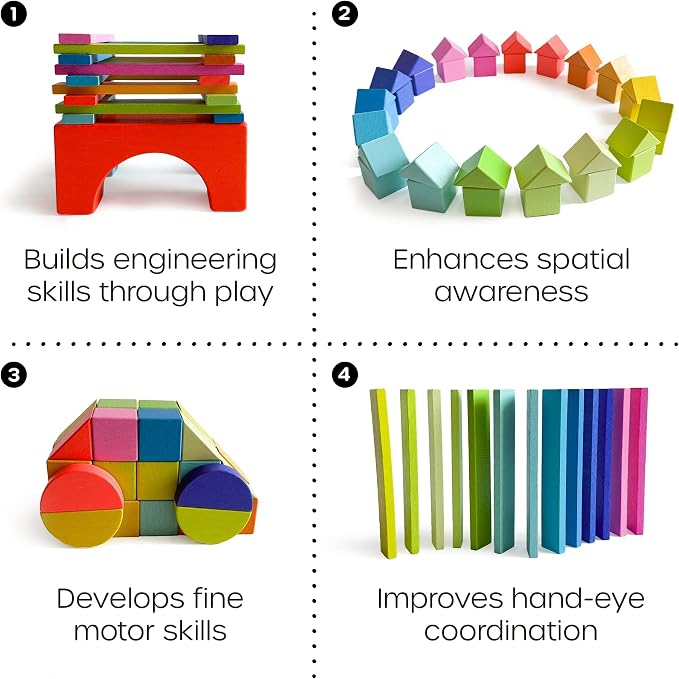 Quiggly Montessori Wooden Rainbow Building Blocks - 68 Pc STEM Toy Set - Image 7