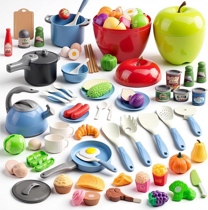 100Pcs Kitchen Playset, Kids Pretend Cooking Play Pots, Pans, Utensils, Cookware, Toy Food Fruits Veggies, with 2 Large Apple - Shaped Storage, Toddler Cooking Learning Gift (Blue by Funpynani