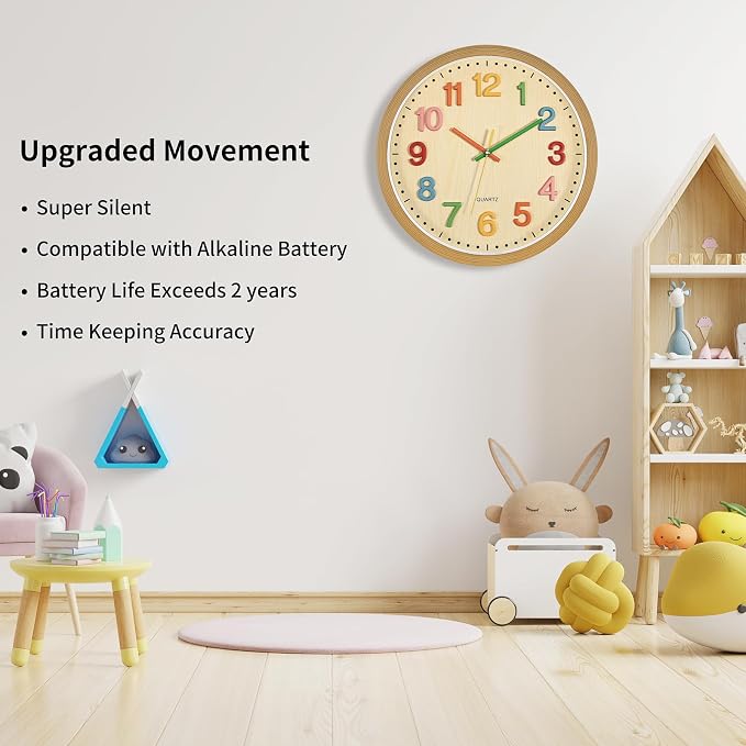 Foxtop Silent Kids Wall Clock Non-Ticking Battery Operated Colorful Childrens Clock for Classroom Playroom Nursery Bedrooms Kids Room (3D Numbers, 12 inch) - Image 3