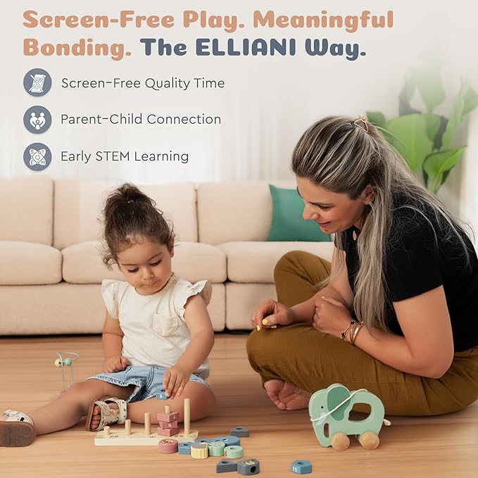 ELLIANI Montessori Toys for 1 Year Old - 3-in-1 Wooden Toy Set with Stacking Toy, Pull Toy, Bead Maze, Educational Gift for Toddlers Age 1-3