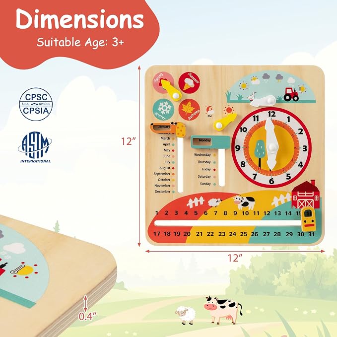 Costzon Montessori Kids Daily Learning Clock Toy, Wooden Educational Learning Clock Toy About Season, Weather, Day, Night, Month, Week & Date, Toddlers Daily Calendar for Preschool Boys Girls Aged 3+ - Image 7