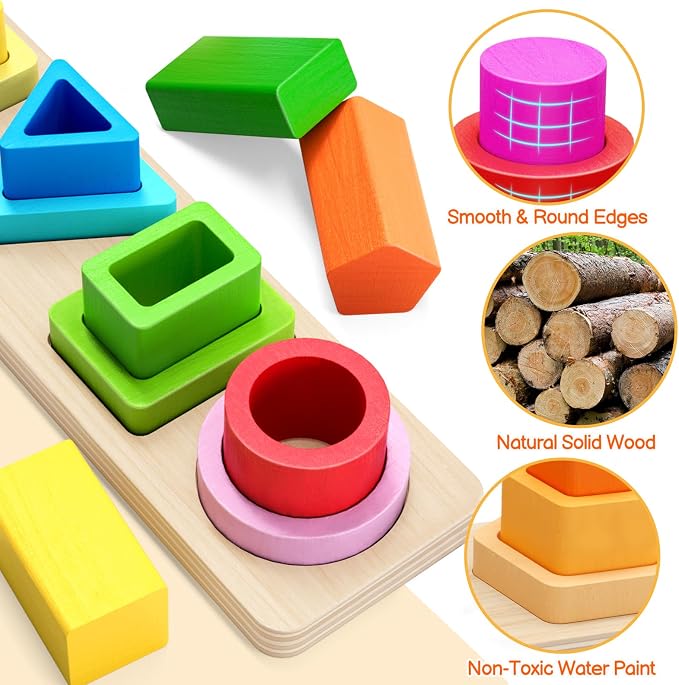Montessori Toys for 1 2 3 Year Old Boys Girls Toddlers, Peg-Free Wooden Toy - Image 3