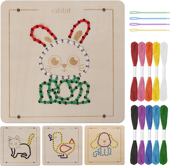 Montessori Wooden Lacing Toys for Toddlers and Kids Ages 2-4 5-7, Sewing Kit Fine Motor Skill Busy Board, Education Sensory Preschool Toy for 1 2 3 4 Year Olds, Birthday Gift for Boys and Girls by JAiiMen