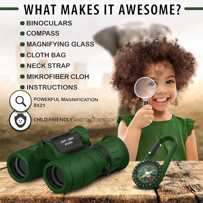 Binoculars for Kids – Perfect Toy for Little Boys and Girls – Extensive Set Incl. Magnifying Glass & Compass – Powerful Magnification 8X21 – 3 to 12 Year Old Kids for Toddler - Image 3