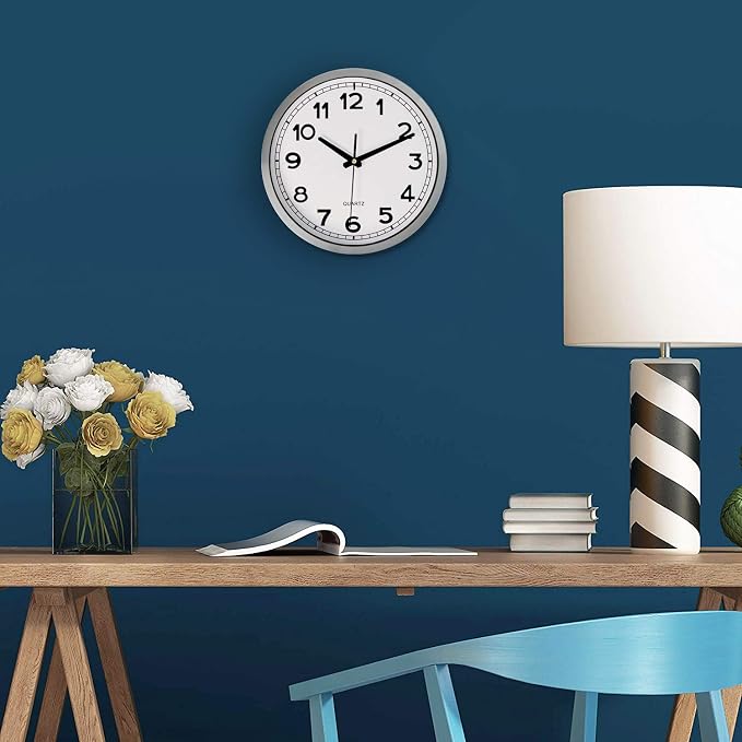 Bernhard Products Wall Clock Silent Non-Ticking Large 12" Silver Metal Frame Quartz Battery Operated Easy to Read Office Classroom Kitchen Living Room Bathroom Sweeping Clocks, Black Modern Numbers - Image 4