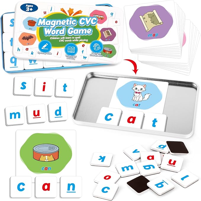 Kasfalci CVC Word Games,Magnetic Letters & Flash Cards,Phonics Games,Alphabet Learning Toys, Refrigerator Fridge ABC Magnets for Kids,Speech Therapy Toys for Toddler,Spelling for Preschool Classroom by Kasfalci