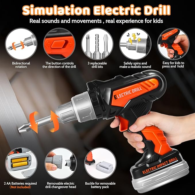 Kids Tool Sets with Portable Bag, Toddler Tool Set with Electric Drill Toy, Boy Toys Age 4, Construction Toys Tool Sets for Kid, Kids Tool Kit, Pretend Play Toys for 3 Year Old Boys Gift