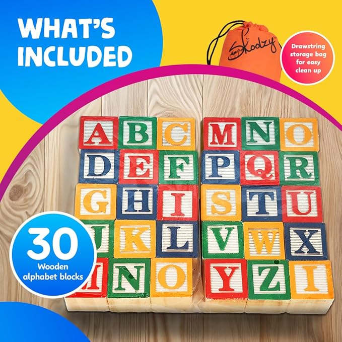 Skoolzy 30 PCS Baby Blocks - Small Wooden ABC Blocks for Toddlers 2-5 - Alphabet Learning & Building Toys