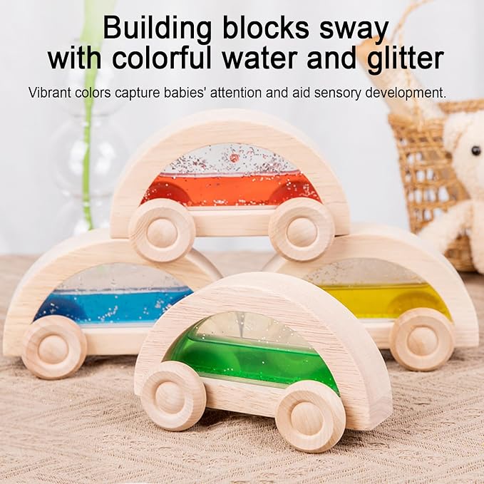 Dinhon Wooden Acrylic Water Glitter Car Toys for Toddlers 2-4, 4 Pack Colorful Sensory Water-Filled Cars, Montessori Toy Set for Boys Girls, Acrylic Rainbow Building Block Matching Products - Image 4