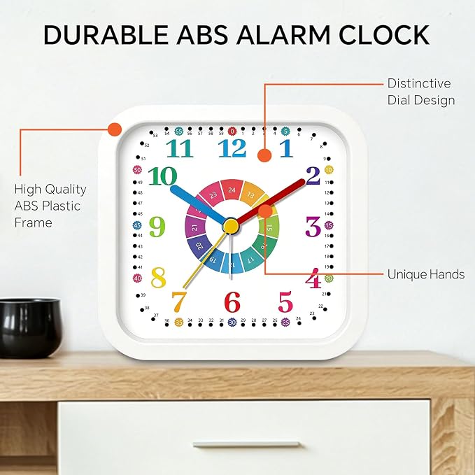 Modern Silent Analog Battery Operated Alarm Clock, 4.5" Loud Alarm Clock for Heavy Sleepers with Unique Dial & Numbers, Plastic Desk Learning Clock for Kids Bedroom Classroom Dorms, White - Image 5