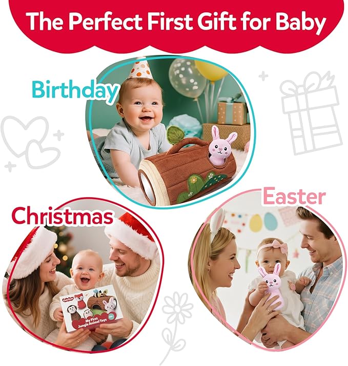 Baby Toys 6-12 Months - Jungle Soft Plush Animal Set with Rattle Squeaker Mirror, Cause & Effect Montessori Sensory Toys for Babies 7 8 9 10 11 Months, Newborn Gifts for Baby Boy Girl Infant