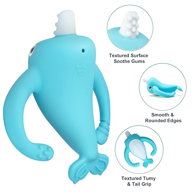 Smily Mia Narwhal Silicone Baby Teething Toys for 3-6 6-12 Months, Teething Relief Toys, Food Grade Silicone Teether Baby Toys, Sensory Toys for Teething Babies, Baby Essential, BPA Free, Blue