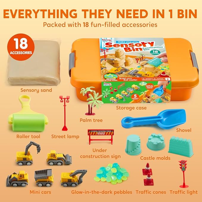JOVA Klever Kits Construction Sensory Bin for Kids with Glow in The Dark Stones, Sandbox with Lid Castle Building kit, Preschool Learning Activities Gifts for Boys Girls Age 3+ - Image 6