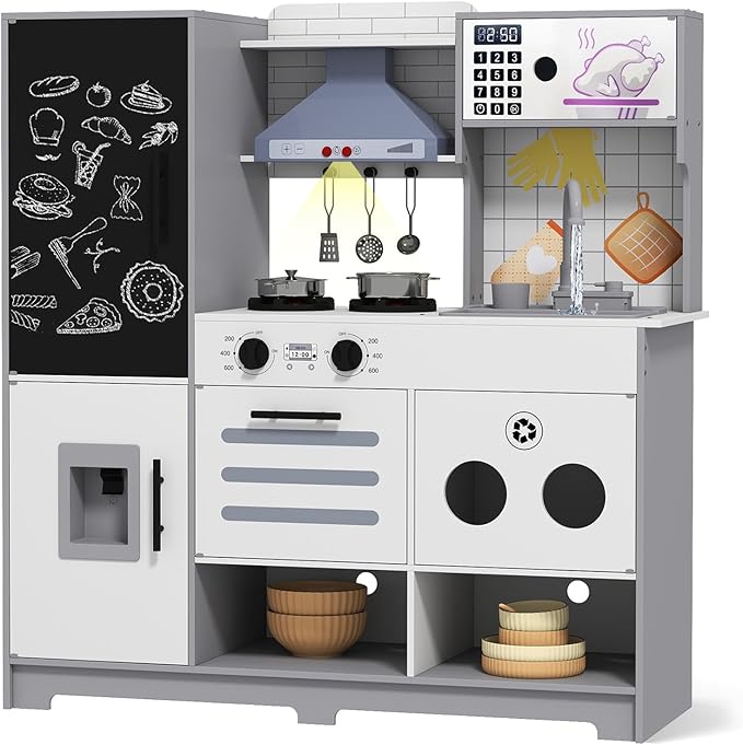 JOYDIAS Kids Play Kitchen Set, Pretend Wooden Kid Kitchen Playset Toy Kitchen w/Sound and Light, Running Water, Oven, Ice Maker, Blackboard & Recycling Bin, Toddler Kitchen for Kids Ages 3+