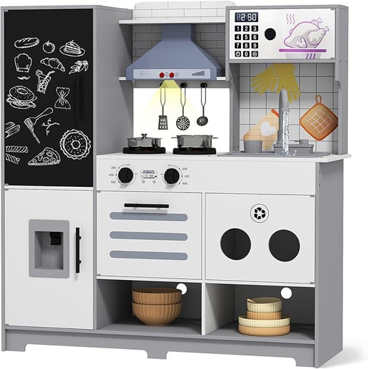 JOYDIAS Kids Play Kitchen Set, Pretend Wooden Kid Kitchen Playset Toy Kitchen w/Sound and Light, Running Water, Oven, Ice Maker, Blackboard & Recycling Bin, Toddler Kitchen for Kids Ages 3+