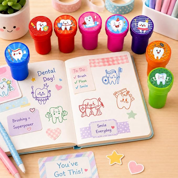 Cinrobiye 24 Pcs Teeth Stampers Party Favor Set, Cute Dental Health Stamps for Kids Birthday Party, Classroom Rewards, Educational Learning Toys, Goody Bag Fillers, Dental Care Party Supplies - Image 5