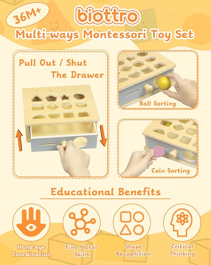Biottro Montessori Toys for 3 4 5 Year Old - 5 in 1 Learning Education Toy for Toddler Kid Boys Girls - Shape Matching Stacking Color Sorting Beads Lacing Sensory Fidget Gifts - Image 2