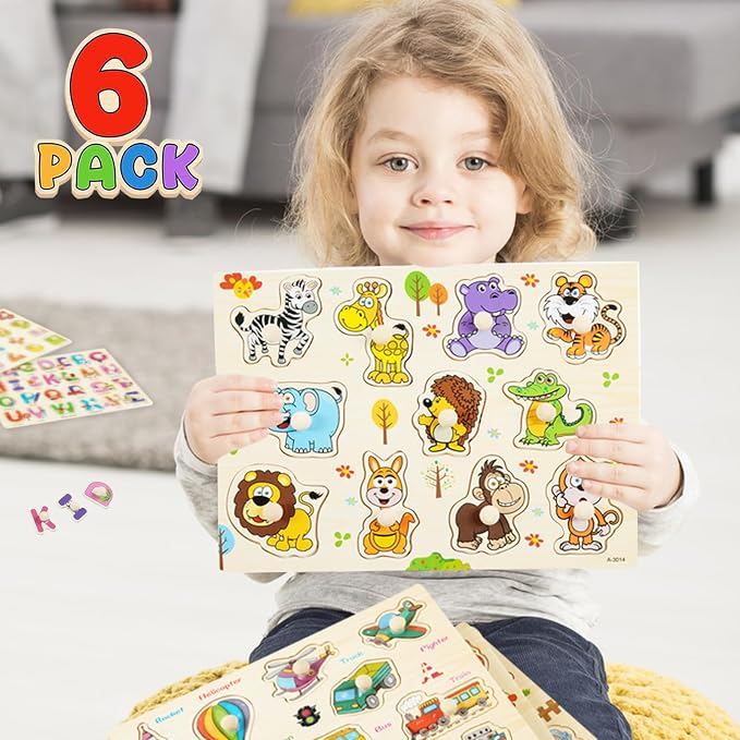 Wooden Peg Puzzles for Toddlers, 6 Pack Toddler Puzzles Set for 3 4 5 Years Old, Preschool Education Learning Puzzle Toys for Girls and Boys (Alphabet Number Animal Vehicle Fruit Occupation) - Image 6