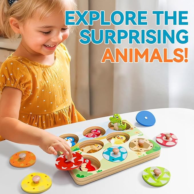 Wooden Puzzles for Toddlers 1-3, Baby Puzzle 12-18 Months, Montessori Toys for 1 Year Old Boys Girls Christmas Birthday Gifts, Animal Peg Puzzles for Toddlers 2-4, Preschool Learning Activities